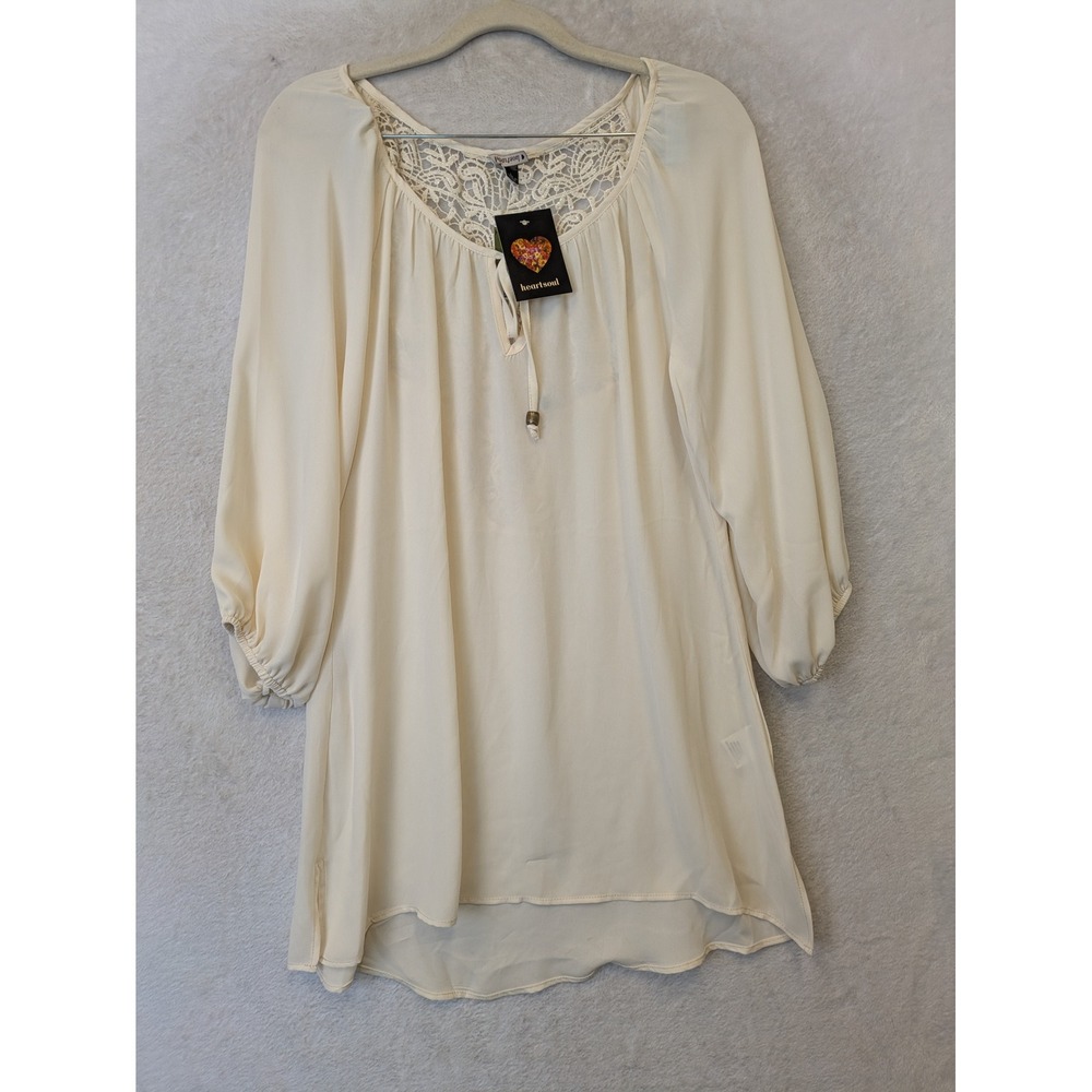 NEW Heartsoul Tunic Women's L Cream Lace Yoke Boho High-Low Bell Sleeve Top